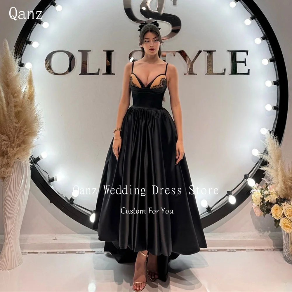 

Qanz Modest Black Evening Dresses Black Satin Spaghetti Straps Robe De Soirée Luxe élégante Customized A Line Party Dress Women