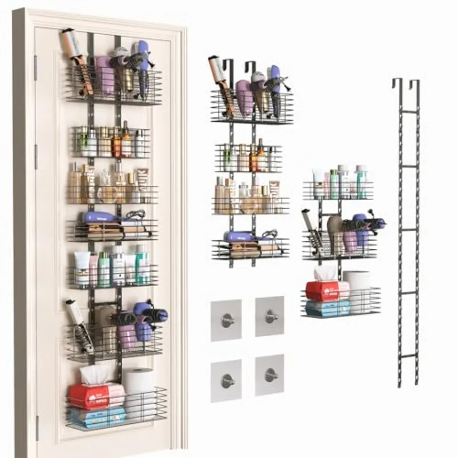 

Over The Door Organizer Shower Caddy Hanging andWall Mounted Hair Tool Organizer/Hair Dryer Holder Adjustable Behind Door Stora