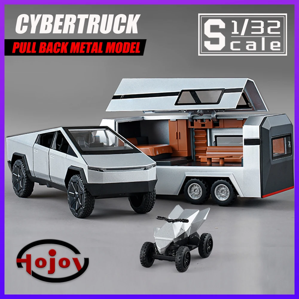 

Scale 1:32 Tesla Cybertruck Pickup RV With Motorcycle Diecast Metal Model Toy Vehicle Sound and Light for Kids Boys Collection