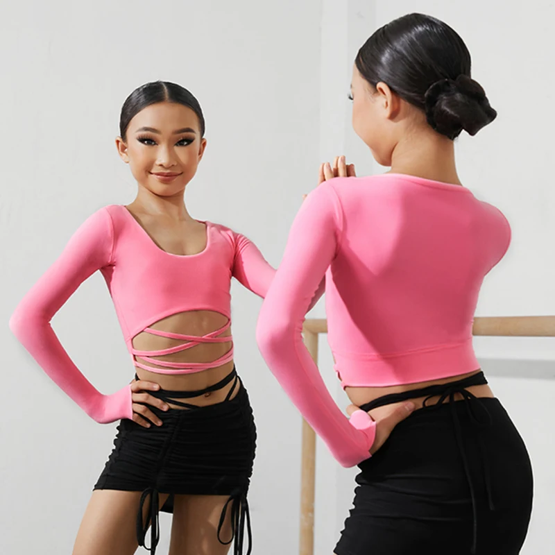 2022 ragazze danza latina top maniche lunghe fasciatura camicetta corta bambini Cha Cha danza pratica vestiti Rumba Samba Dancewear DNV17192