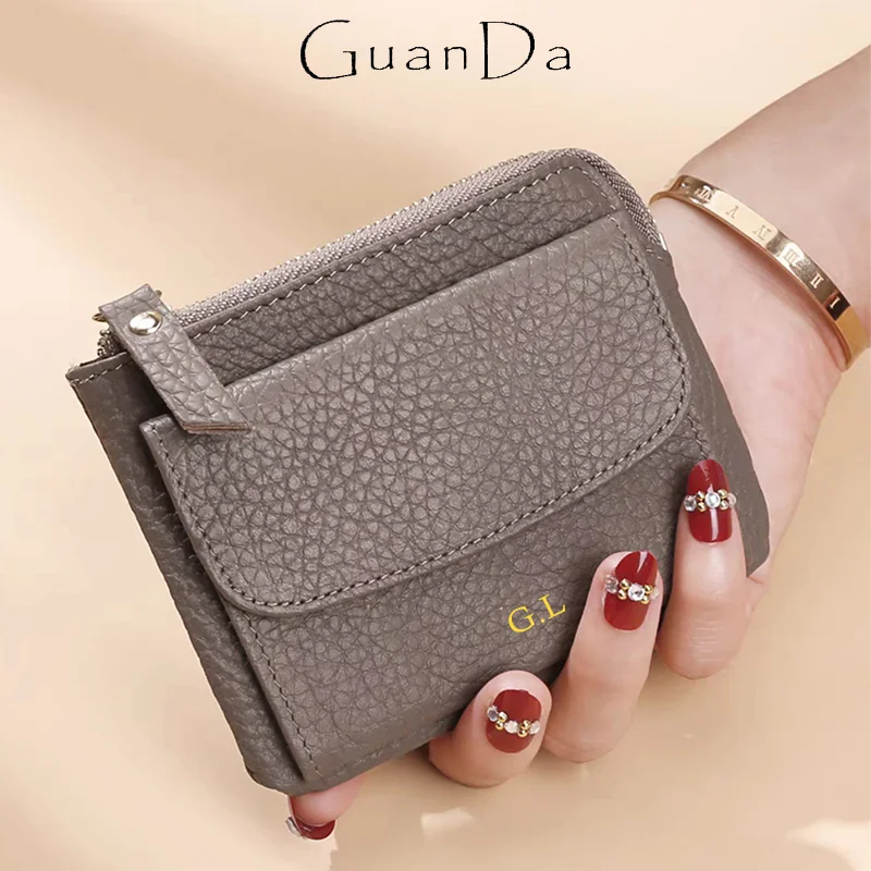 

Custom Name Vintage Cowhide Coin Purse Key Chain Fashion Retro Card Holder Engrave Logo Genuine Leather Mini Clutch Woman Wallet