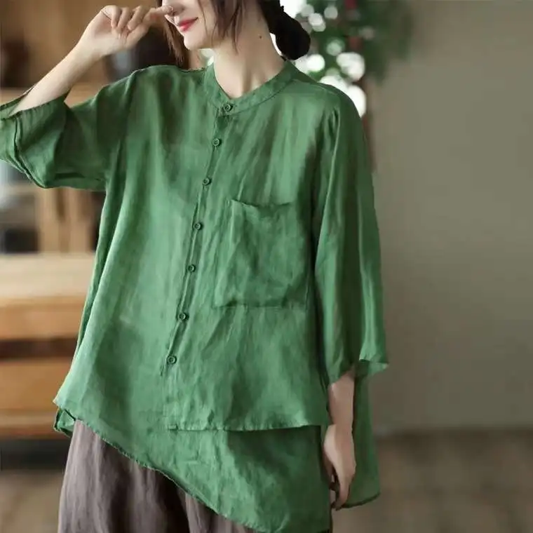 

Summer New Women's Faion Pure Color irt Fine Re ort Sve Linen 00% Material Spring ting Year Other Brand