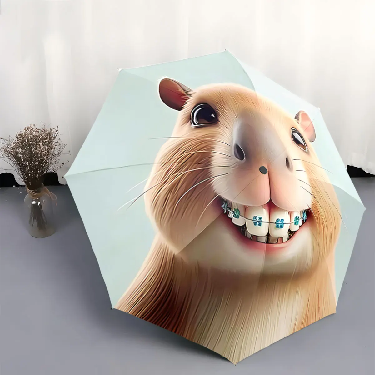 Cute Smiling Animal with Braces Cartoon Design Umbrella portable waterproof sun rain umbrella for outdoor travel beach
