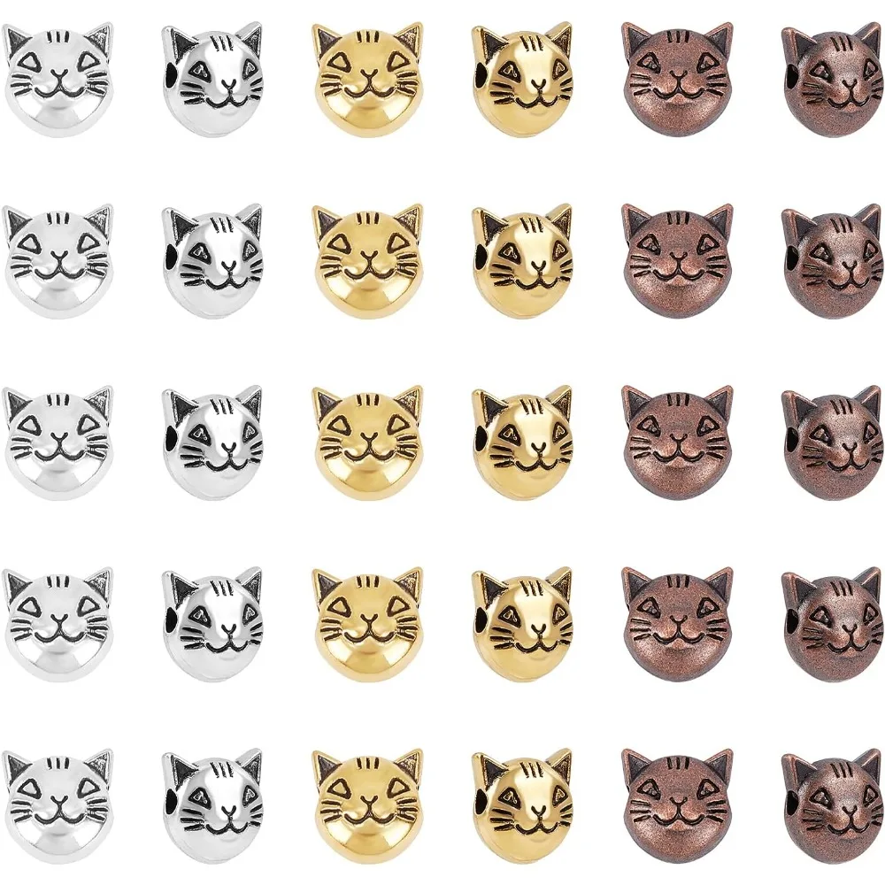 120pcs 3 Colors Cat Spacers Beads Kitten Loose Beads Animal Head Metal Beads for Earring Bracelet Necklace Jewelry