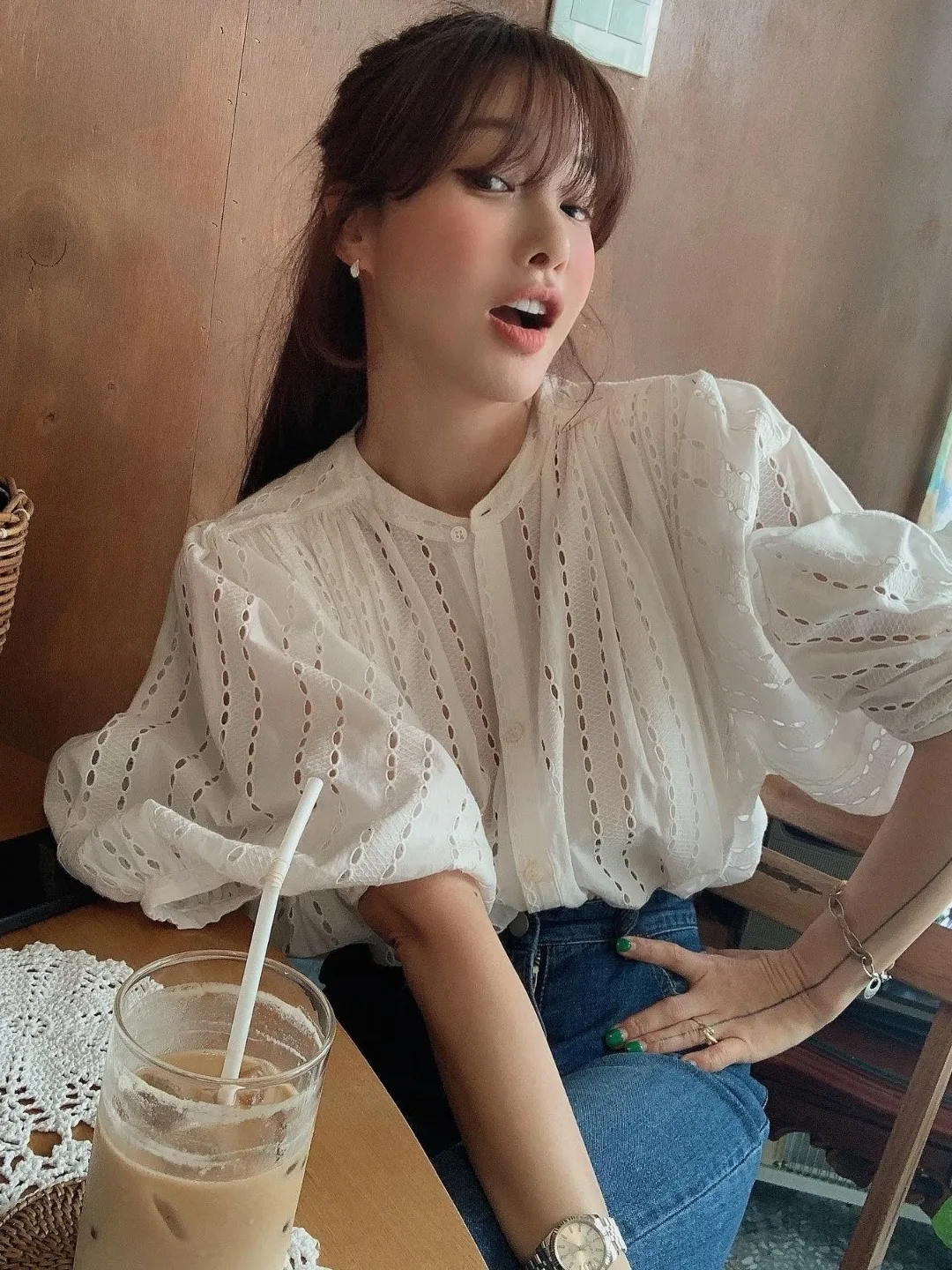 Dentelle évider chauve-souris Sve irt femmes été décontracté ample polyvalent haut doux Sle lanterne Sve rond Ne So...