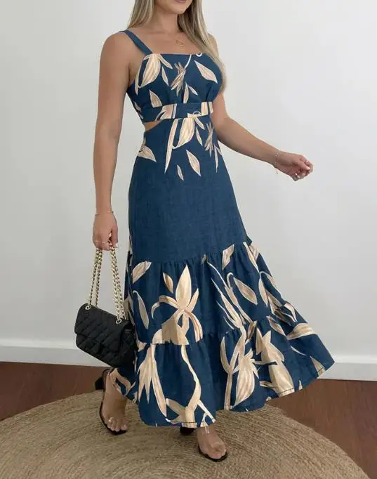 Mode féminine plantes Placement impression découpe taille froncé dos Maxi robe femmes décontracté taille cintrée à volants robes de vacances