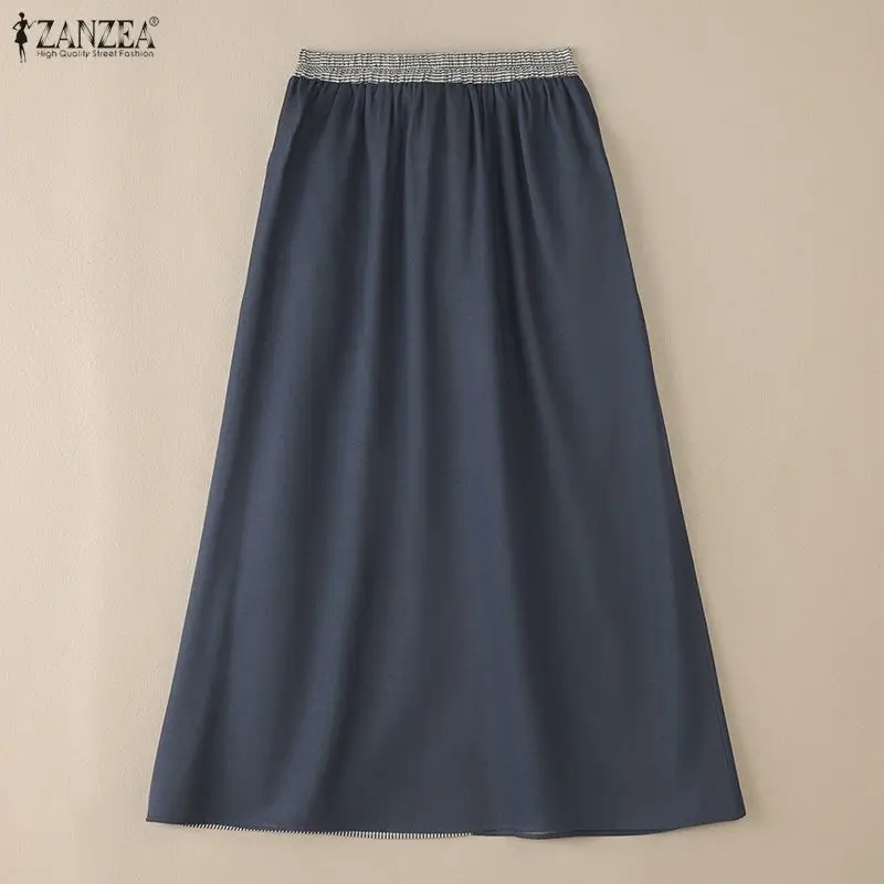 ZANZEA Vintage femmes Jupes longues automne taille haute décontractée taille élastique Midi Jupes Faldas Saia ample rayé Patchwork bas