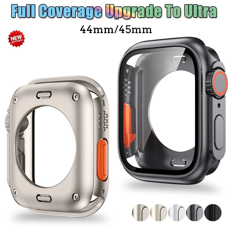 Change To Ultra 360 Full Protector Case for Apple Watch 45mm 44mm Tempered Glass Screen Protector for IWatch Series 8 7 6 SE 5