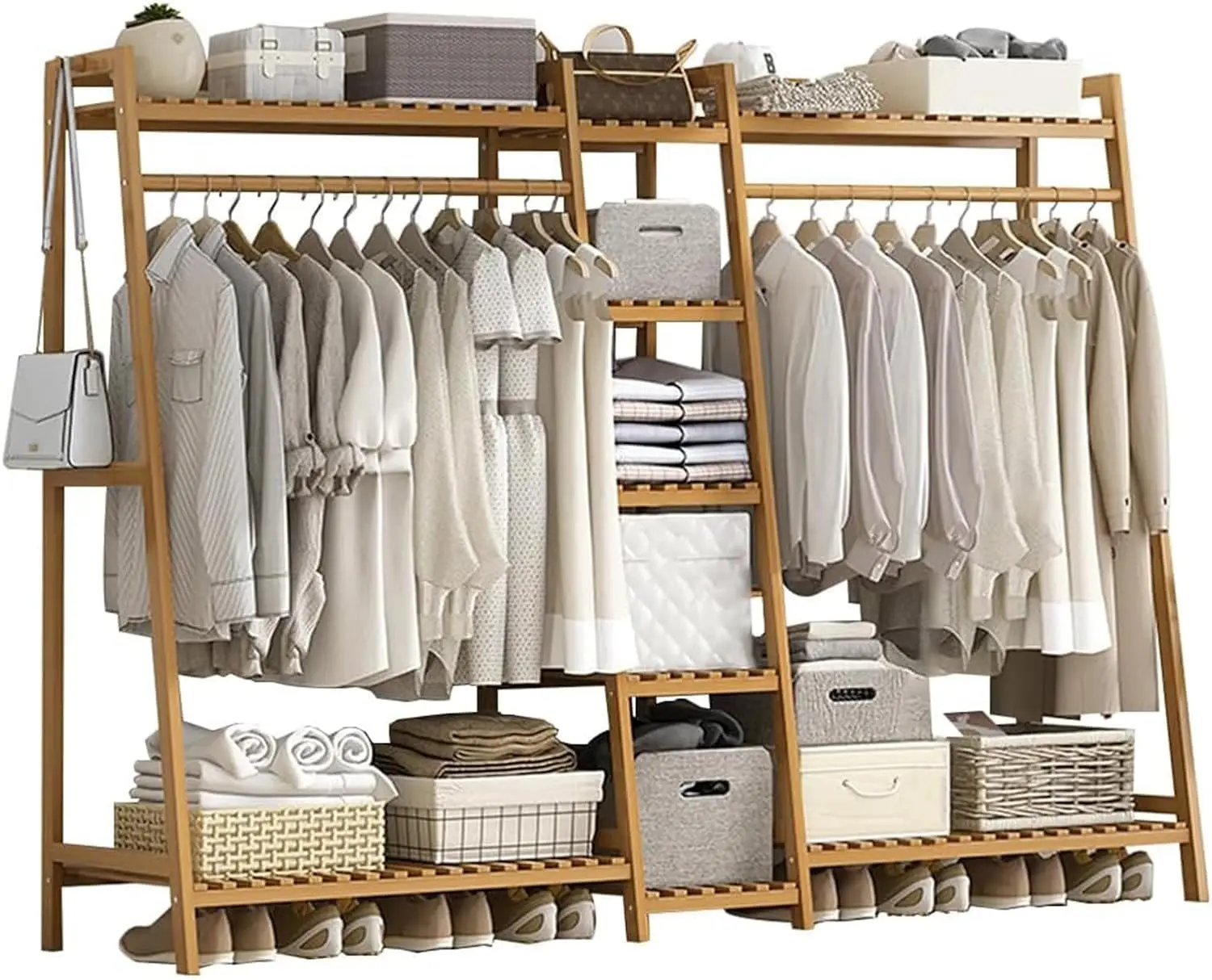 Bamboo Garment Rack, 9 Tier Storage Shelf, Coat Clothes Hanging Rack, Portable Wardrobe, Closet Organizer with Top Shelf