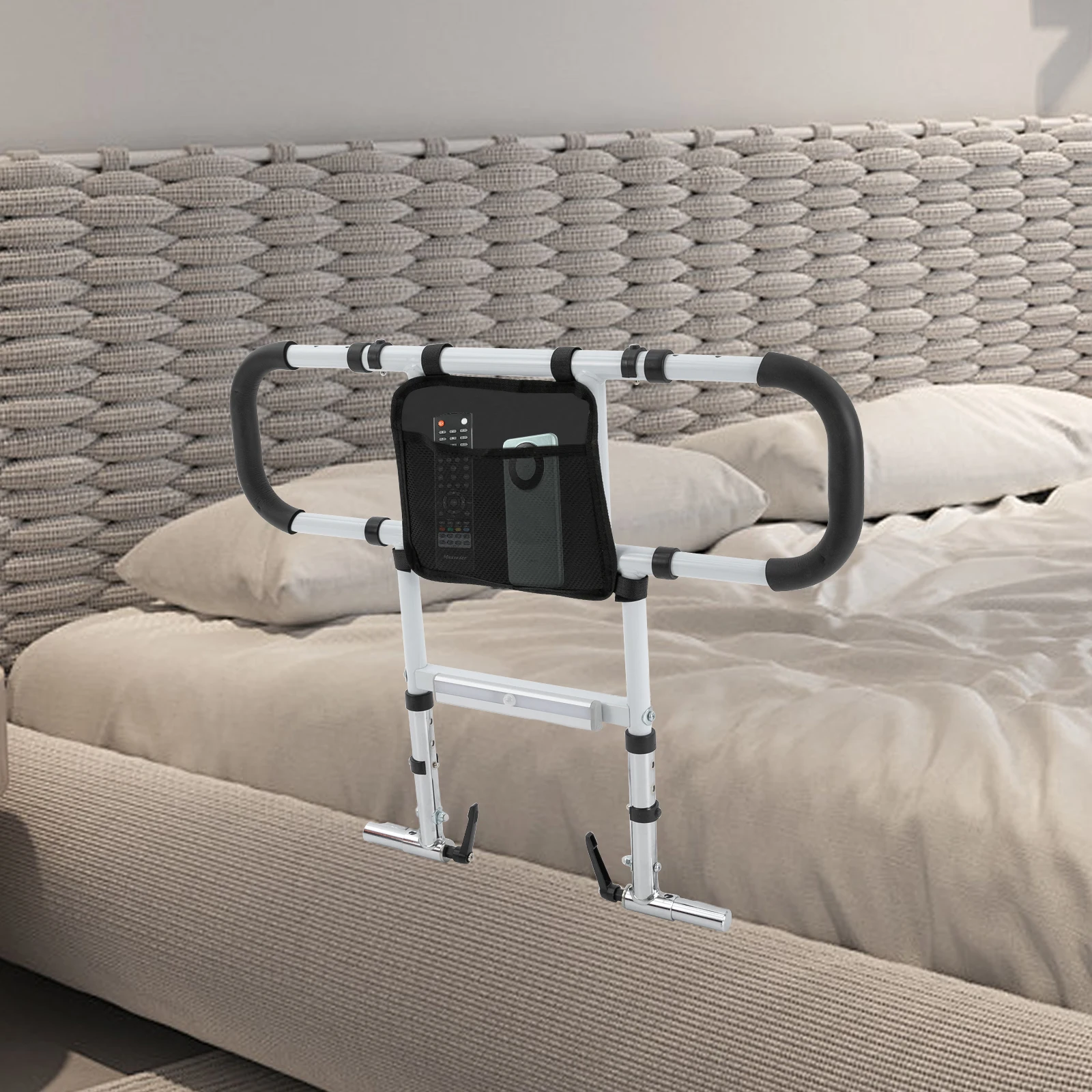 Suporte de cama branco auxiliar com corrimão altura ajustável dobrável cama auxiliar ajuda para idosos carga 300lbs com fita e luz