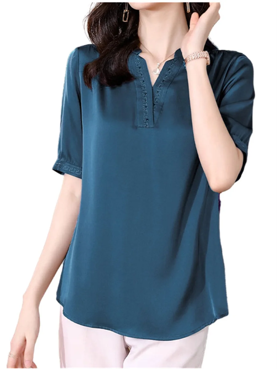 

4XL Women Spring Summer Shirts Lady Fashion Casual Short Sleeve V-Neck Collar Solid Color Elegant Blusas Tops CT0577