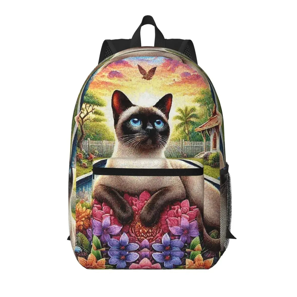 Siamese Cat In Beautiful Floral Student Backpack School Bag Hiking Travel Daypack for Boys Girls Bookbag Shoulder Bags