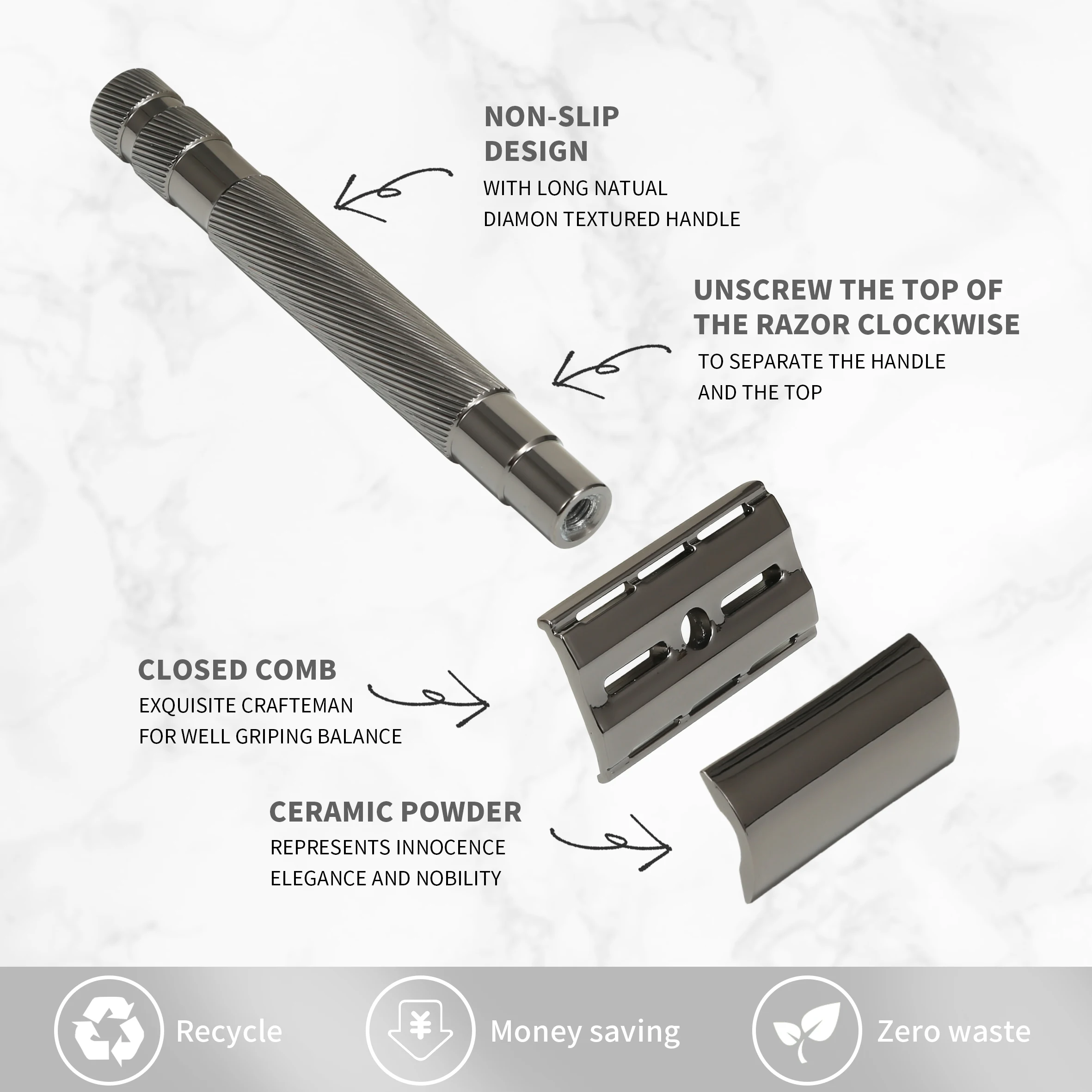 ماكينة حلاقة آمنة بحافة مزدوجة، مقبض طويل، حزمة شفرات من الفولاذ المقاوم للصدأ. 3 قطع تقليدية، تقلل من حرق الحلاقة، ناعمة