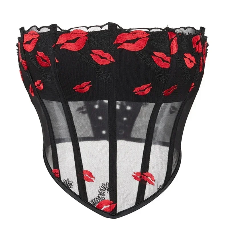 

Sexy Women's Mesh Red Lip Jacquard Pattern Overbust Corsets Lingerie Slimming Lace-up Bustier Crop Tops