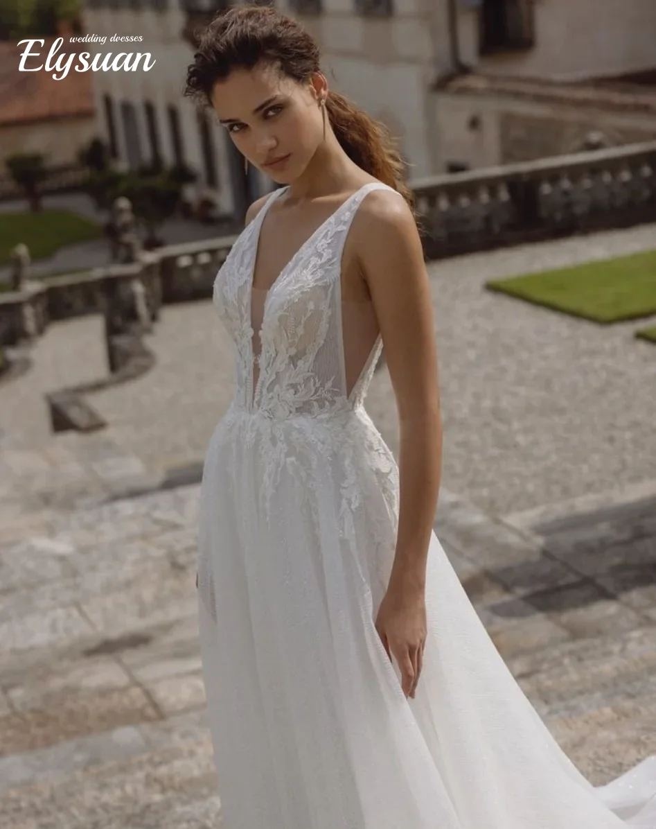 Customized Boho Wedding DressSexy Deep V-Neck Appliques Lace Pearls Buttons Back A-Line Tulle Formal Gown Beach Bridal Dress