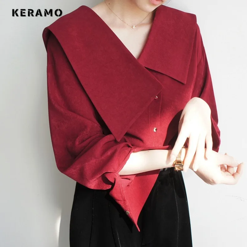 Korean Casual Style Peter Pan Collar Red Long Sleeve Solid Color Blouses 2024 Spring Women Single Breasted Luxury ELegant Shirts