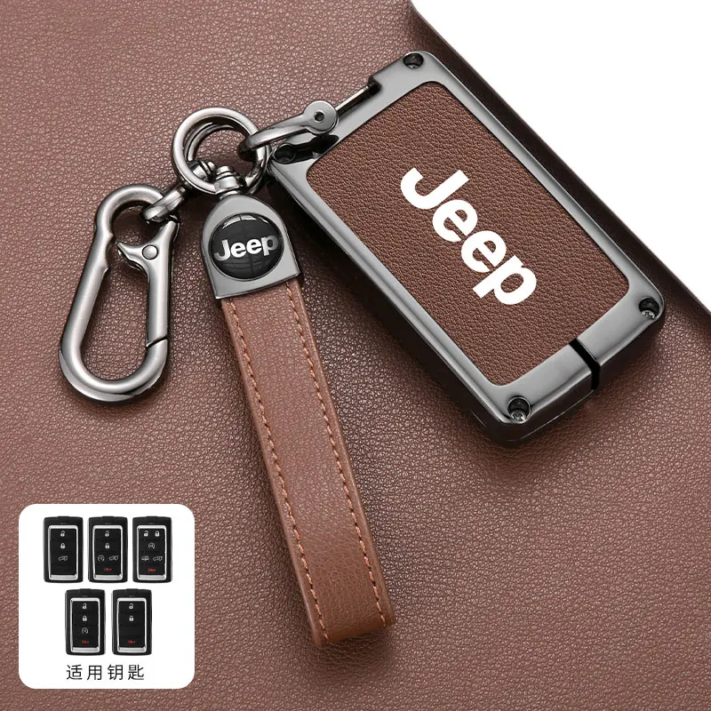 Metal Leather Car Remote Key Case Cover for Jeep Grand Cherokee Wagoneer Obsidian II 2021 2022 2023 Protection Auto Accessories