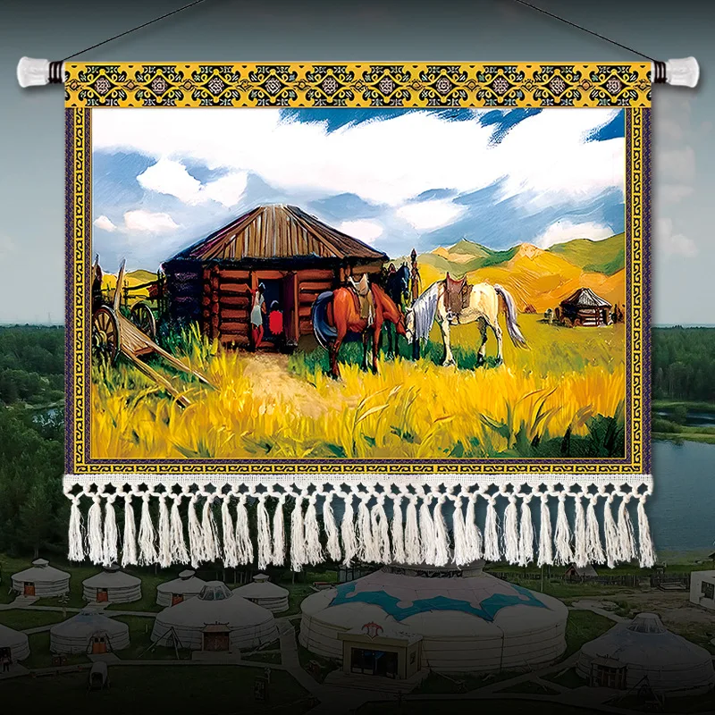 Vertical Cotton‑Linen Mongolian Grassland Landscape Tapestry No‑Drill Wall Hanging Cloth for Living Room Dining Room Decor