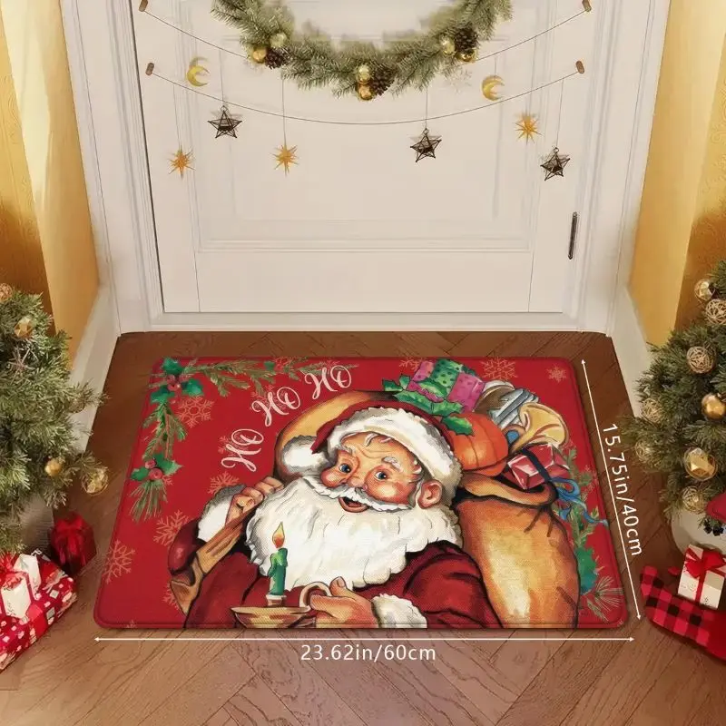 VIKAMA Christmas Doormat Vintage Wink Santa Claus Holly Berry Pattern Xmas Holiday Home Entrance Decor Floor Mat