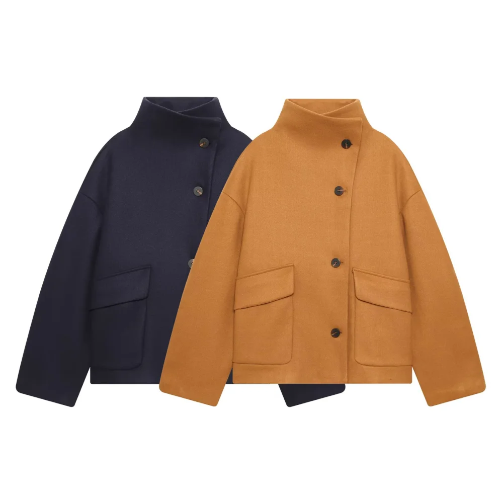 

2026 New Women's Fashion European and American Style Versatile Solid Color Long Sleeve Straight Collar Woolen Coat