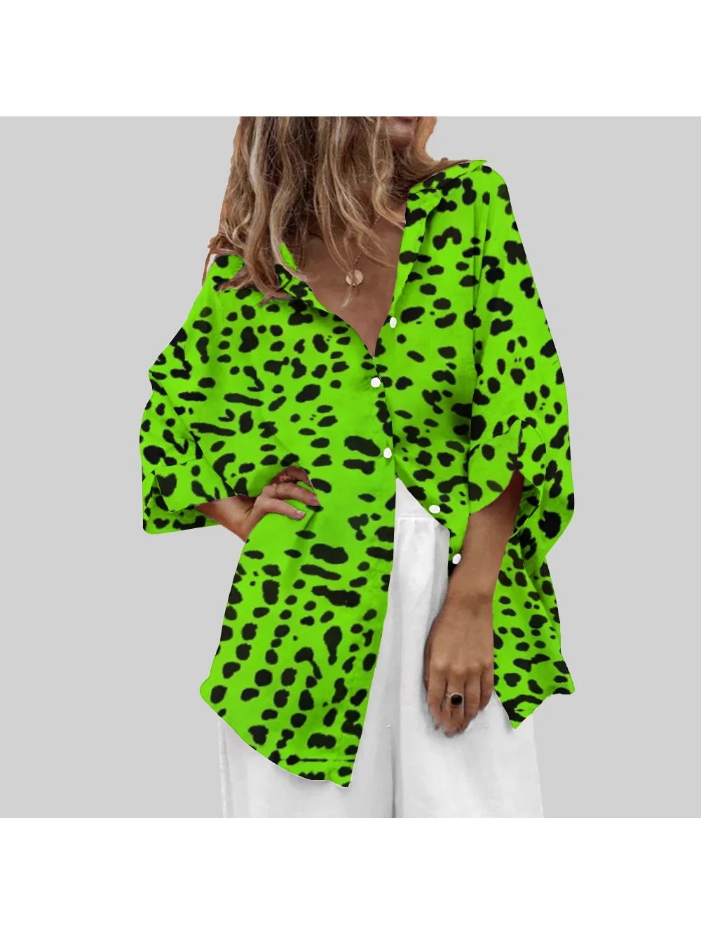 American Fluorescent Leopard Print Shirt Women's Casual Lapel Loose Long-Sleeved Shirt Summer Cotton Soft Luxury Beach Blouse