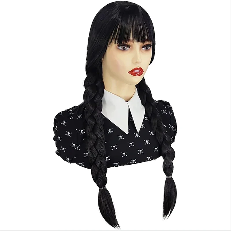 HAIRJOY Wednesday Synthetic  with Bangs Black Long Pigtails  for Women Girls Addams Family Hair Wig for Party