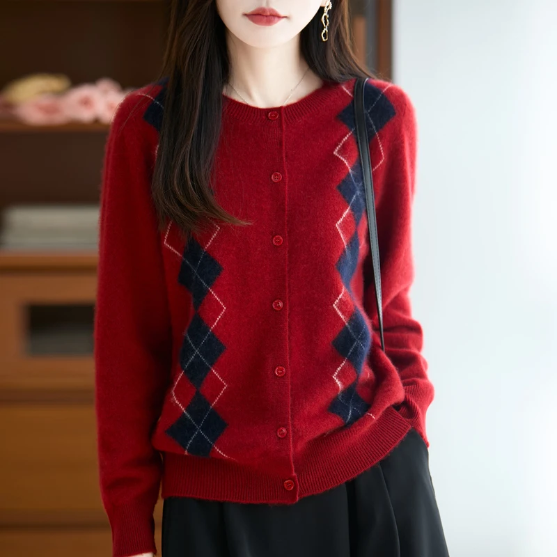 Cárdigan de lana pura 100% para mujer, suéter de cachemira con cuello redondo, Chaqueta de punto informal, nueva camisa de chaqueta de moda de otoño e invierno 2025