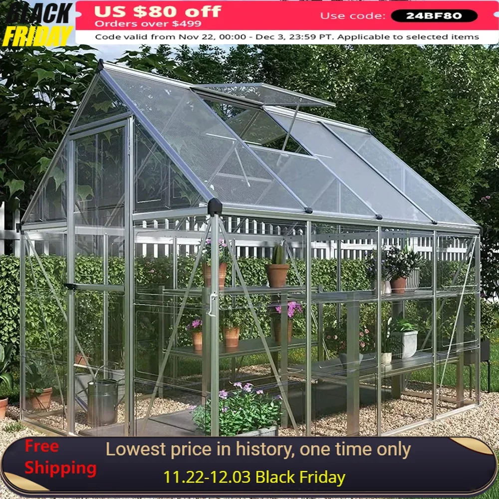 

6x8 FT Greenhouse with 2 Vent Window, Lockable Hinged Door, Outdoor Walk-in Aluminum Hybrid Polycarbonate Greenhouse