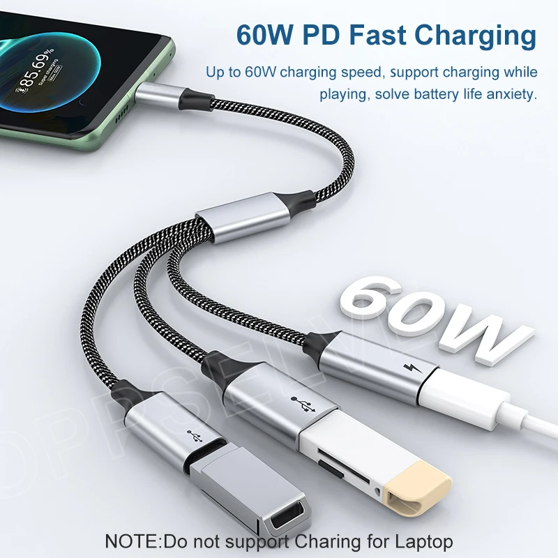 PD 60W Fast Charging USB Type C To 3 USBC OTG Adapter Cable For iPad Pro 3 in 1 USB C Convertor For Macbook Pro Chromebook TV