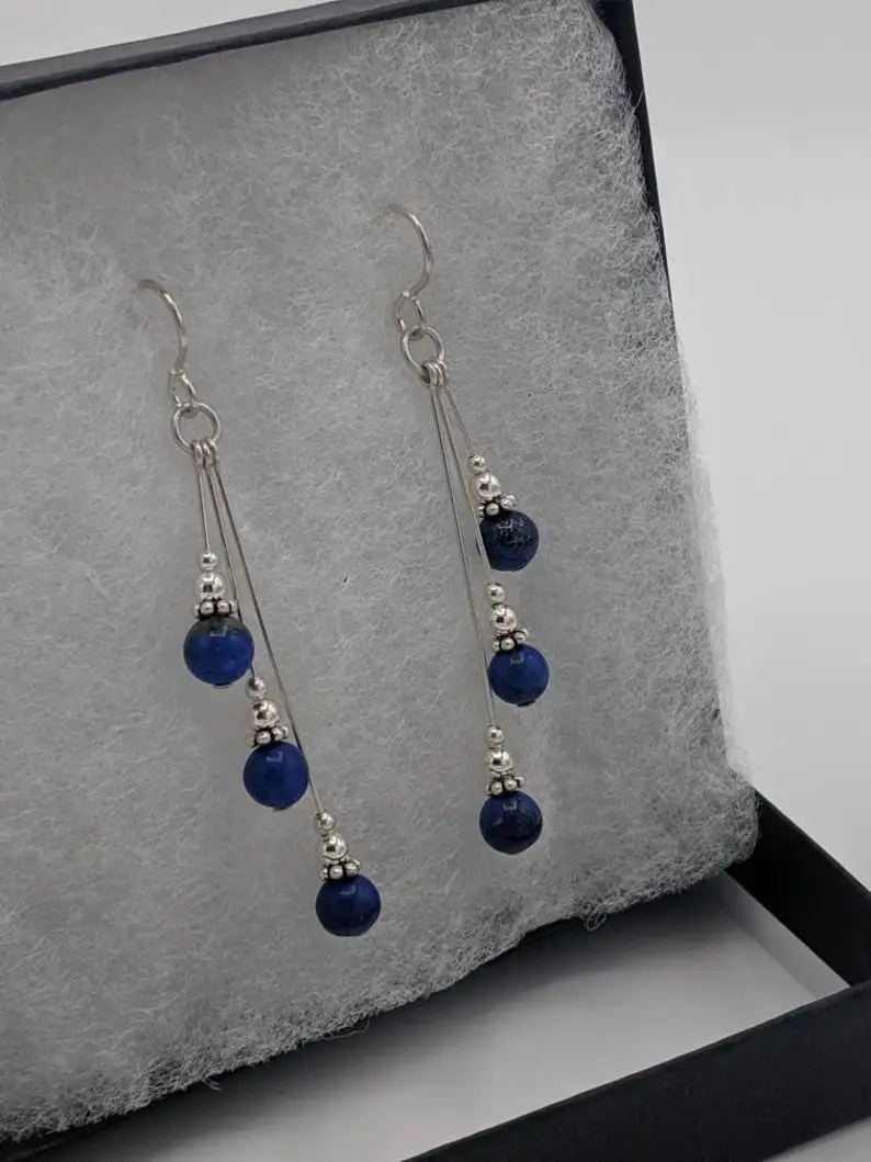 Lapis lazuli earrings, asymmetric earrings, handmade lapis lazuli beaded jewelry