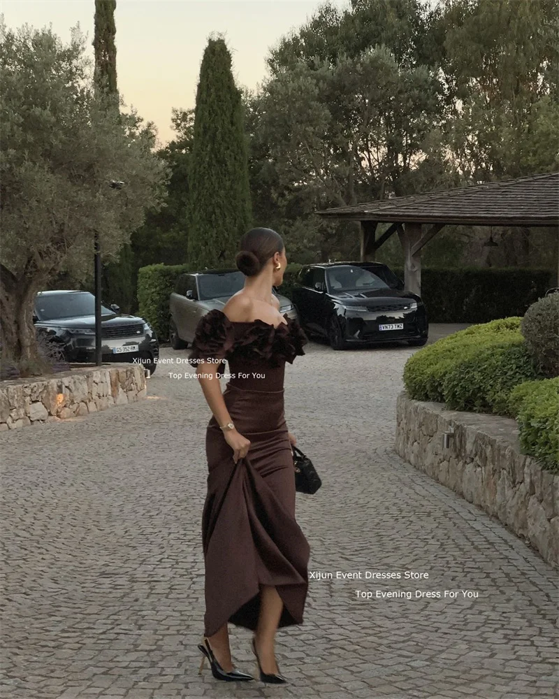 Xijun Brown Luxury Mermaid Evening Dresses Formal 3D Flowers Long Prom Dresses Sleeves Off The Shoulder Dubai Prom Gowns 2025