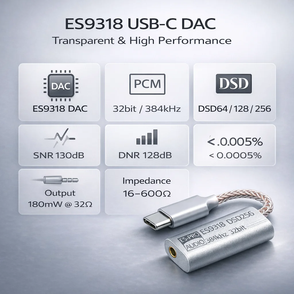 LY Tech ES9318 USB-C DAC wzmacniacz słuchawkowy, 32bit/384kHz DSD256, moc wyjściowa 180mW, przenośny adapter audio Hi-Fi z aluminium CNC
