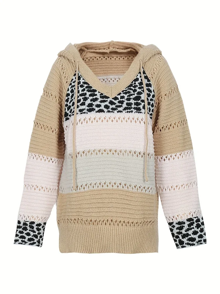 Maglione a blocchi di colore con stampa leopardata con cappuccio pop autunno e inverno da donna taglie forti Materiale acrilico stile casual