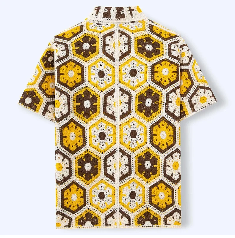 American European New Fashion Summer Men's Ethnic Knitted Turn-down Collar Short Sleeve Single-breasted Shirts Male Clothes Tops