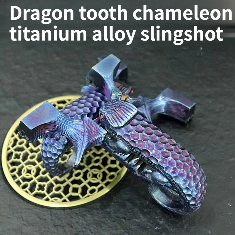 

Titanium Alloy Chameleon Dragon Teeth Baked Blue Slingshot Hand Carved Powerful Outdoor Collection Slingshot EDC Tool