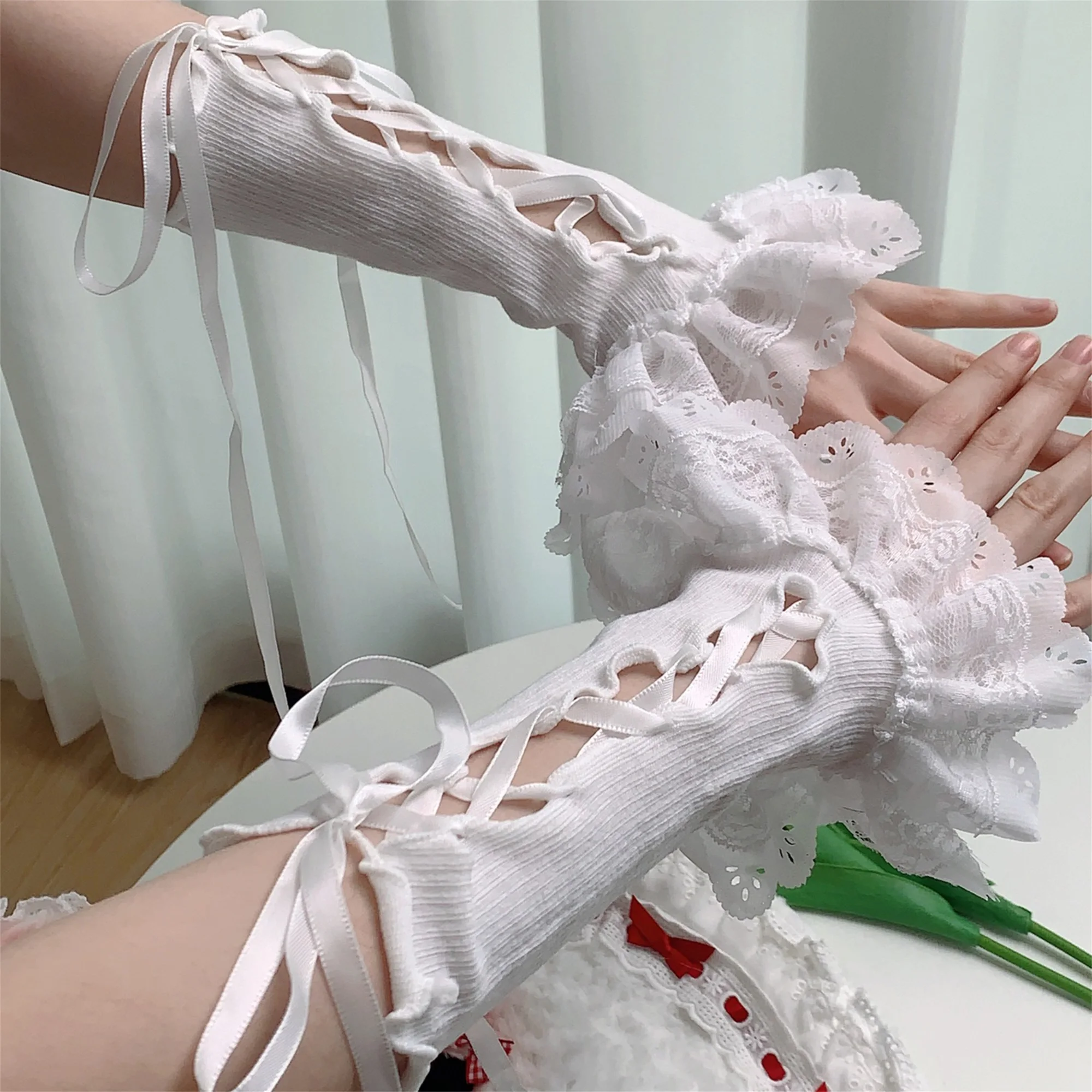 여성 레이스 핑거리스 장갑 Bowknot 디테일 짧은 팔 워머 슬리브 로리타 코스프레 의상 액세서리