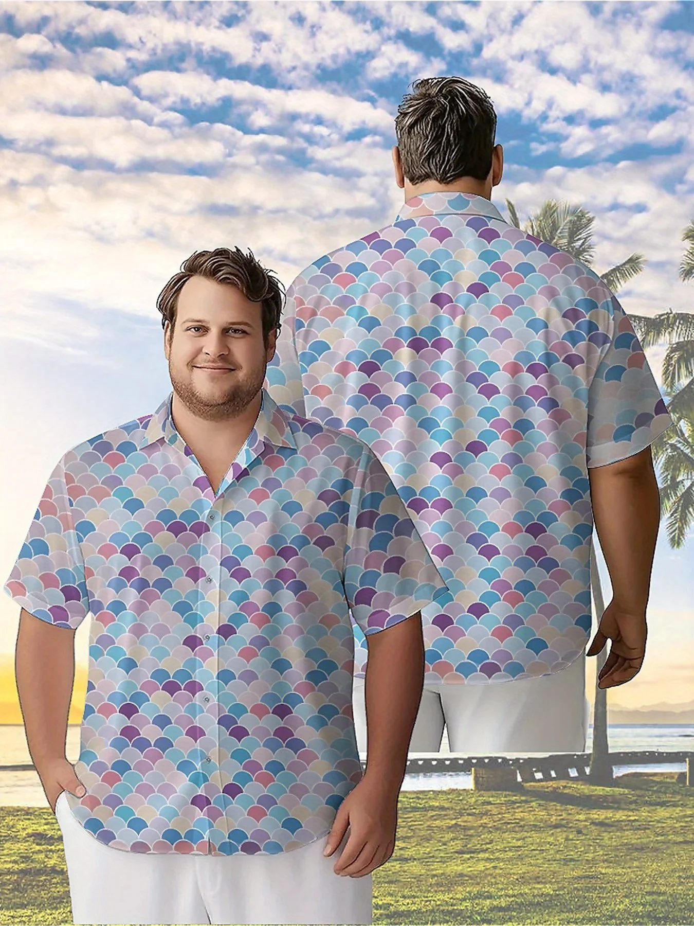 Men's Plus Size Hawaiian Shirts Dreamlike Color Gradient Fish Scales Pattern,New in Summer Fashion Tops,Hip Hop Rock Streetwear