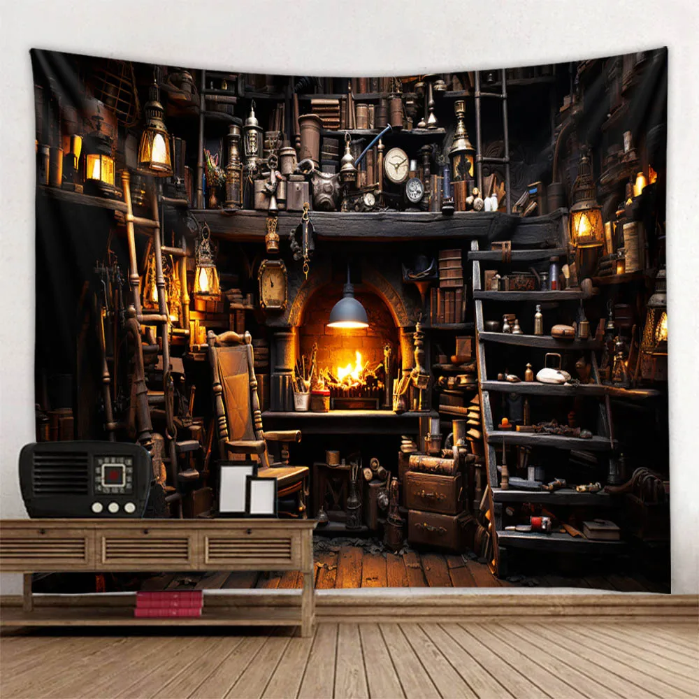 Vintage art background decoration tapestry magic bookshelf wall mounted background cloth hippie home library book tapestry