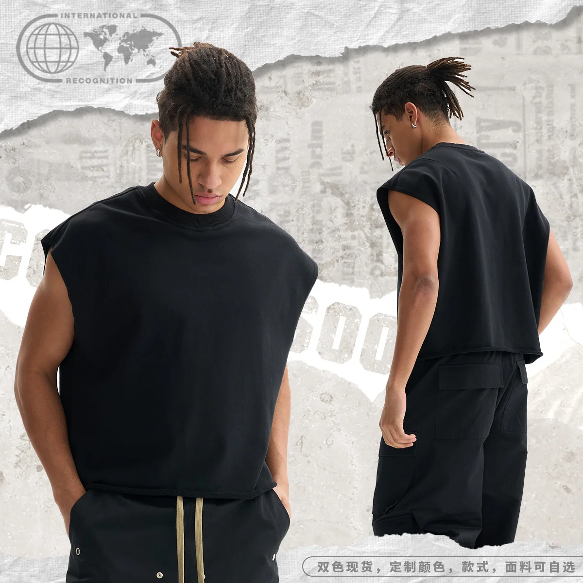 340gsm Terry Cotton Gym Top Men's Heavyweight Vest Thick Soft Fashion Raw Edge Cropped Tank Loose Fit Sleeveless Tee Wholesale
