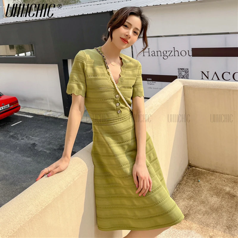 Wavy Edge V-Neck Buttons A-Line Midi Women Dress Hollow Ice Silk Knitting Dress Summer French Elegant Gentle Wind High Clothing