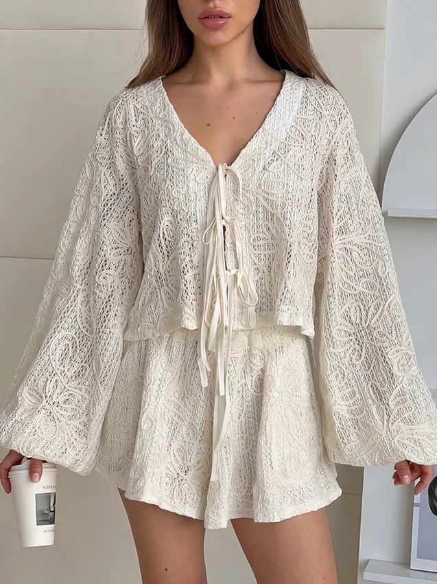 Embroidered Long Sleeve Sleepwear Women's Summer Home Clothes Short Pajamas Set Comfortable Breathable Polyester Fiber
