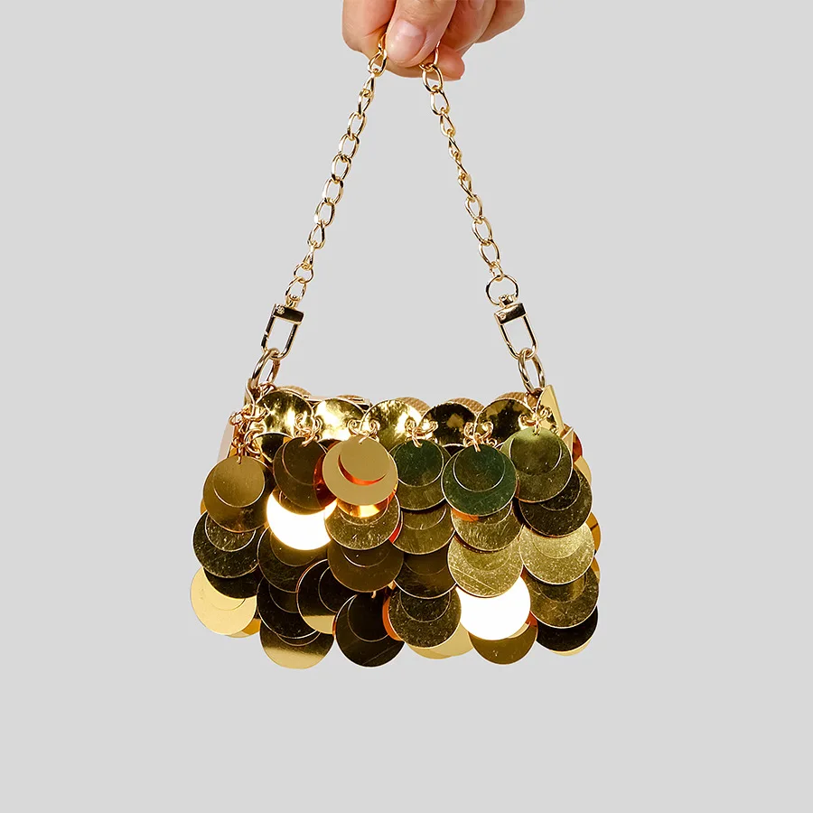 

Golden Sequin Weaved Mini Crossbody Bag with Chain Small Unique Design Sparkling Beads Evening Bag for Mobile Phone