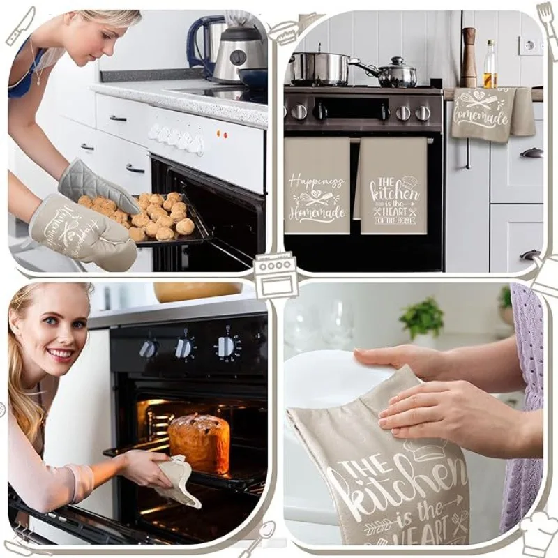 قفازات مقاومة للحرارة للفرن، مفارش مقاومة للحرارة، مناشف مطبخ سميكة ماصة، مجموعة خبز المطبخ مكونة من 6 قطع