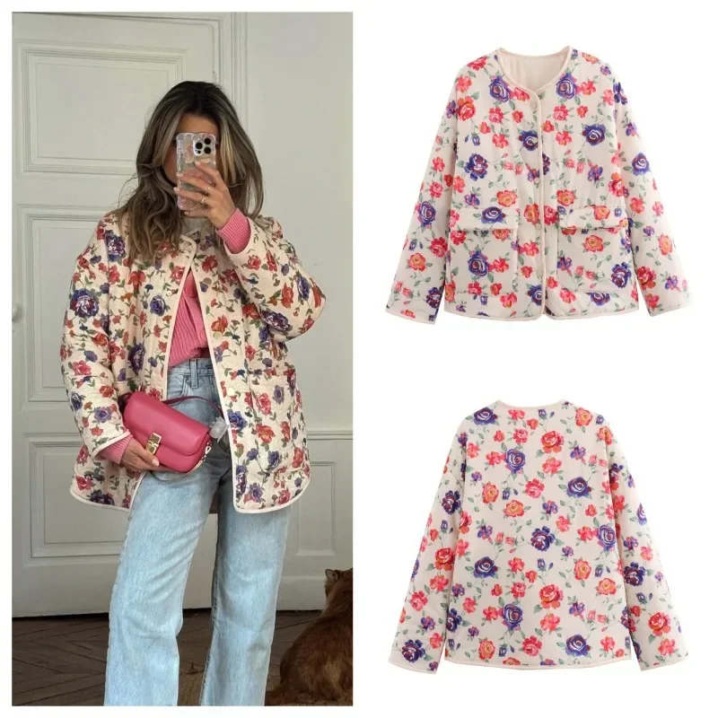

Women’s Fashion Floral Print Puffer Coat Street V-neck Long Sleeve Loose Cardigan Casual Warm Single Breasted Jacket for Woman