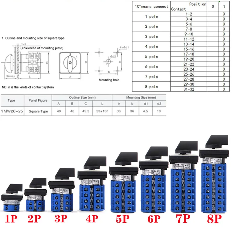 LW26-25 Series YMW26 25A 690V Silver Contact Changeover Cam Switch 1-8 Poles 3 Positions Rotary Selector LW28-25