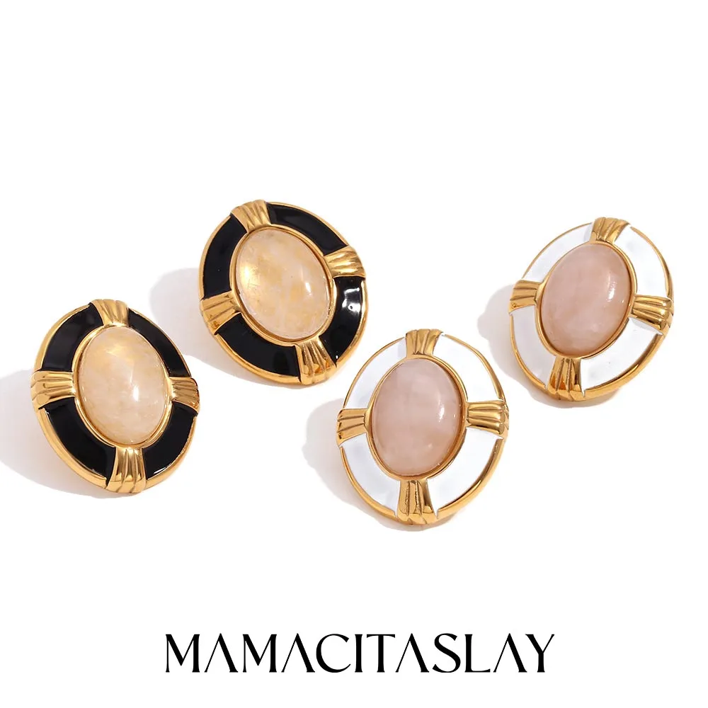 MamacitaSlay New Design Stainless Steel Natural Stone Oval Earrings Party Waterproof Jewelry Women's Charm Statement Earrings