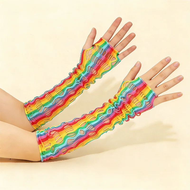 Rainbow Laced Elastic Mesh Gloves for Women, Colorful Dance Long Gloves for Festive Parties, Performance, Multi-Colored Fishnet