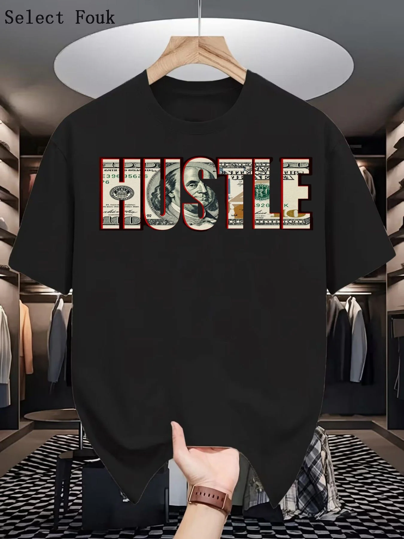 Men's cotton crew neck short-sleeved T-shirt with 'HUSTLE' banknote print, suitable for everyday casual hiking.