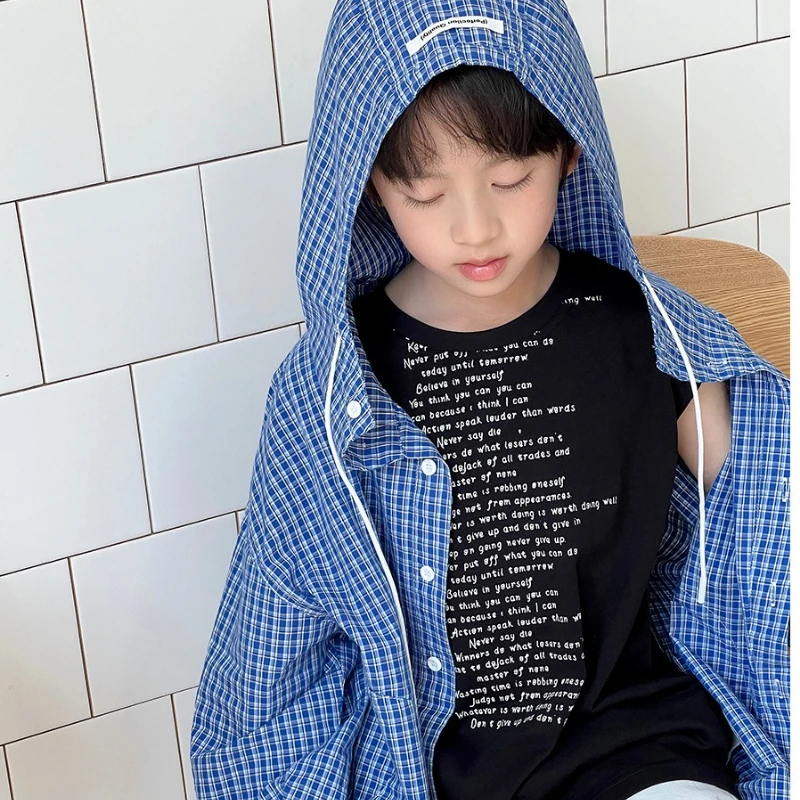 

2025 Summer Thin Children's Loose Casual Style Long Sleeved Plaid Hooded Sun Protection Jacket