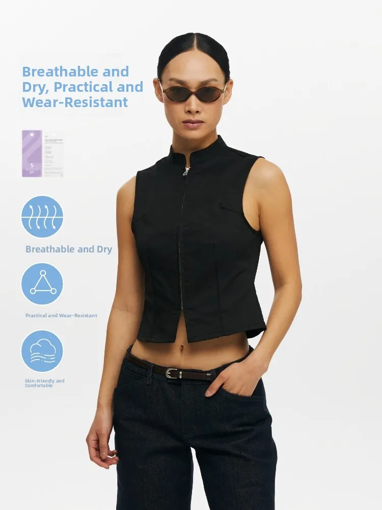 Black Short Sleeveless Women's Vest Breathable Oneup Solona Sporty Zipper Design Cotton Polyester Blend Summer Outerwear